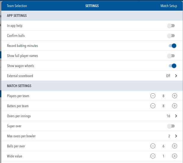 Match Settings (PCS) PlayCricket