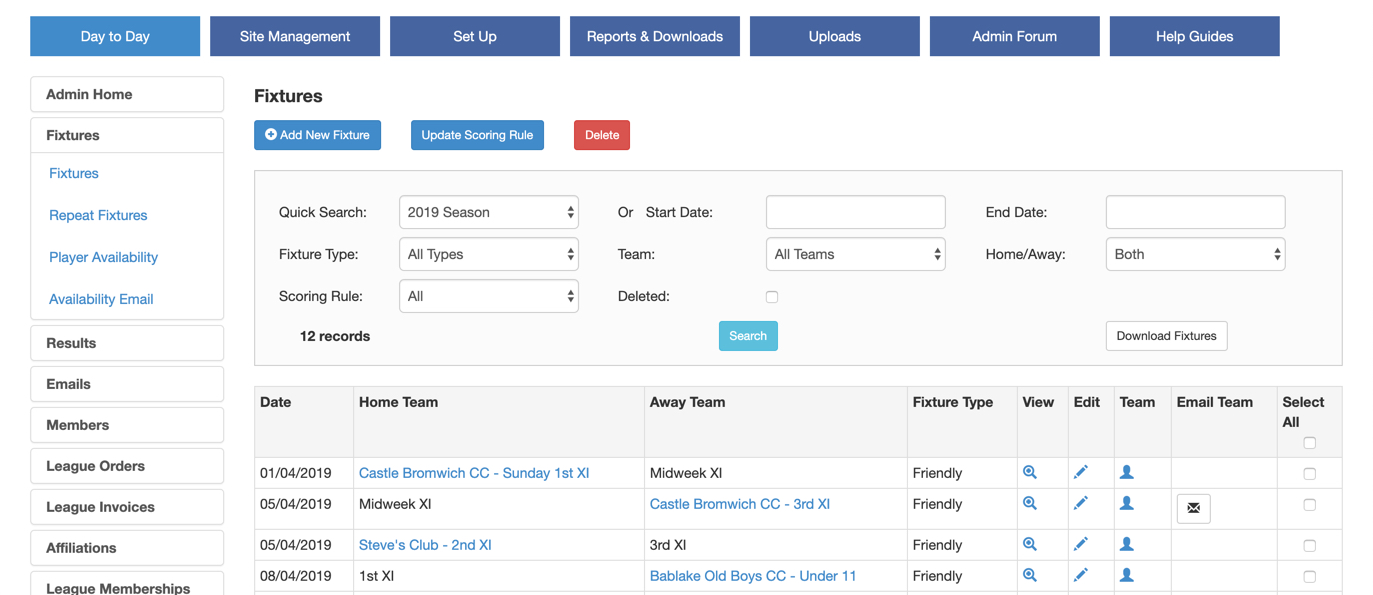 Fixtures Administration – Play-Cricket